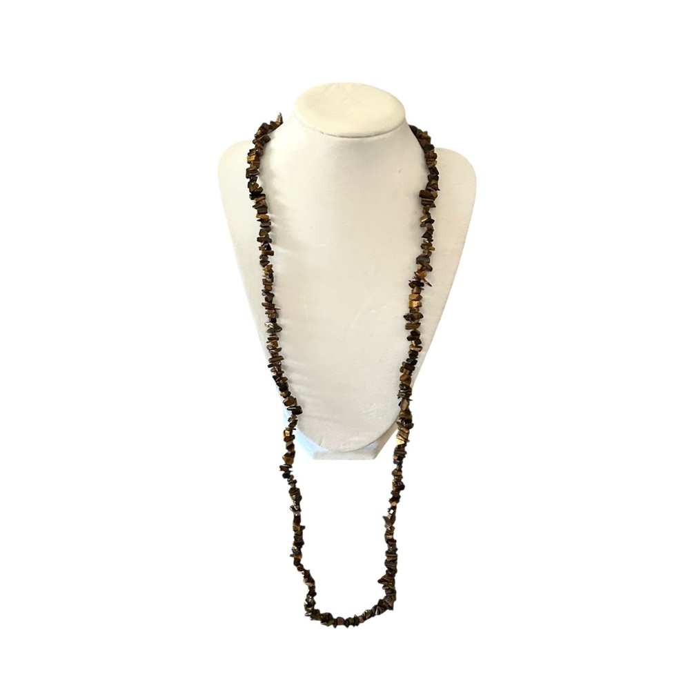 Vintage Tiger’s Eye Polished Stone Chip Opera Length Necklace New Age Bohemian
